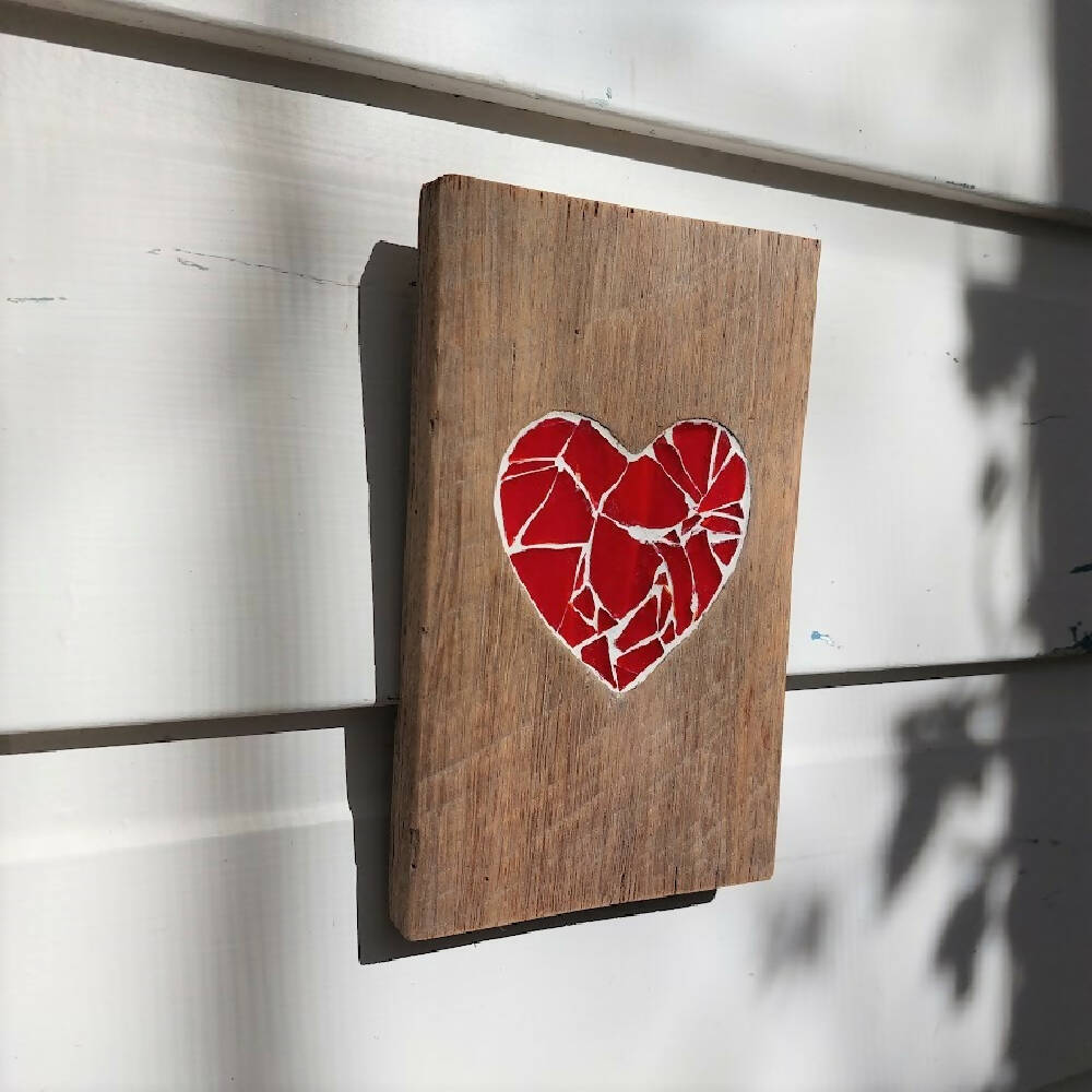 Red heart mosaic, stained glass wall art inlaid on reclaimed wood