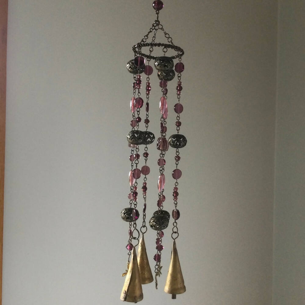 Rose Purple Windchimes, Bells, Glass Beads, Outdoor Decor