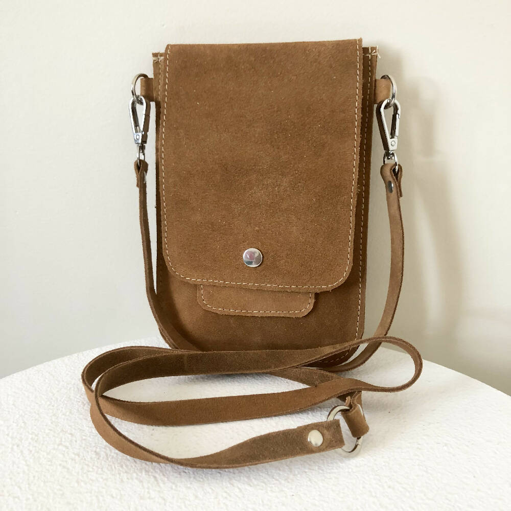 Phone Sling Pouch in Tan Suede Leather