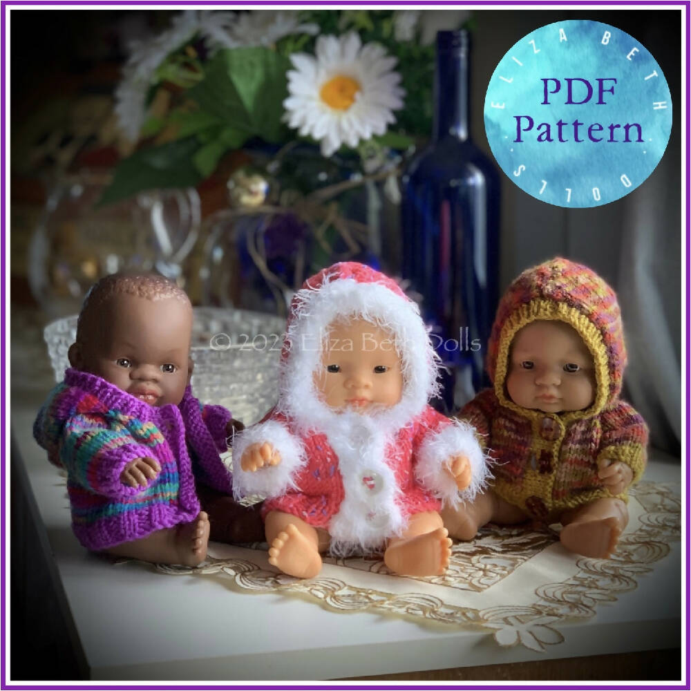 Miniland 21cm Doll clothes, PDF digital pattern, Easy Knit Hoodie