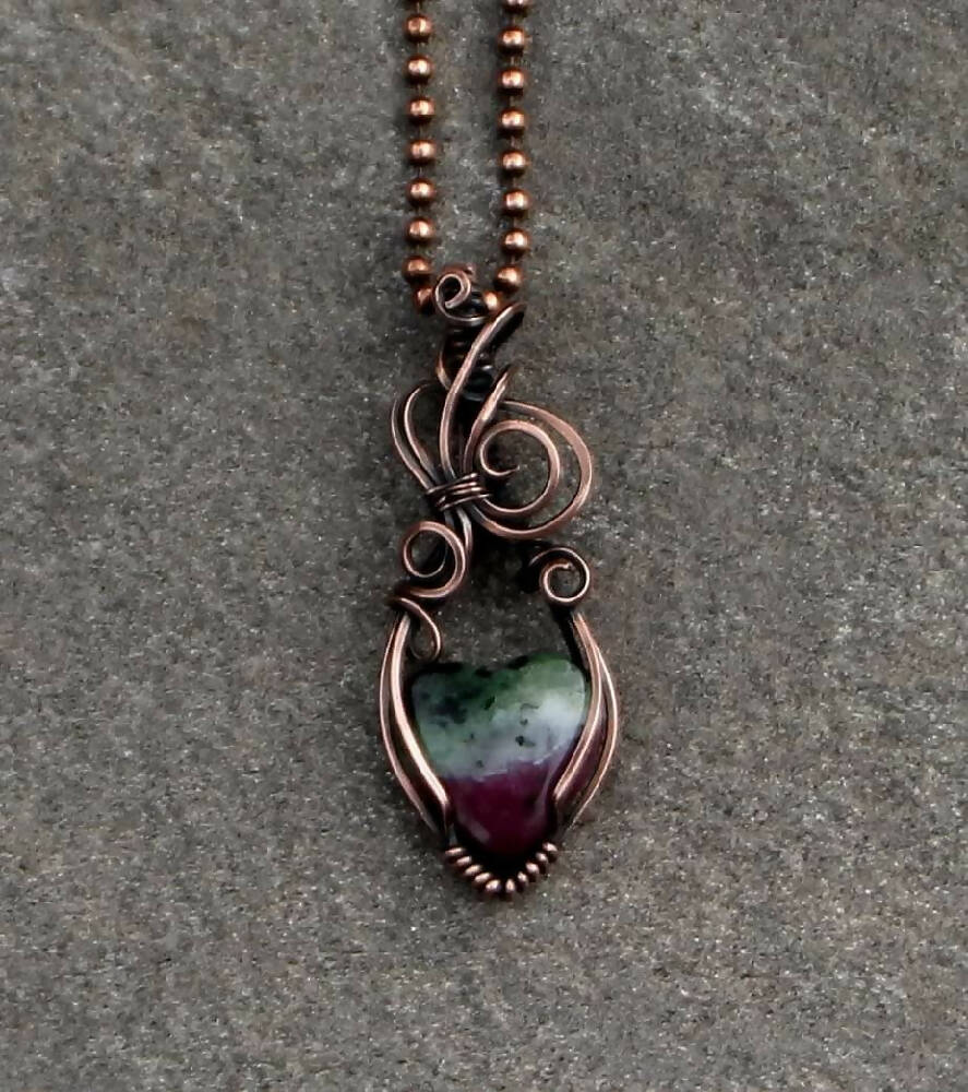 Ruby in Zoisite heart with copper "ribbon" with chain