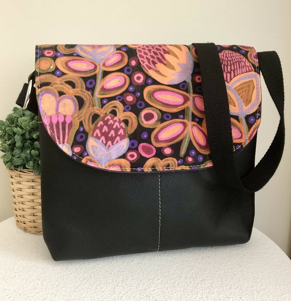 Grey Canvas and Genuine Leather Crossbody Bag with Pink Boho Design