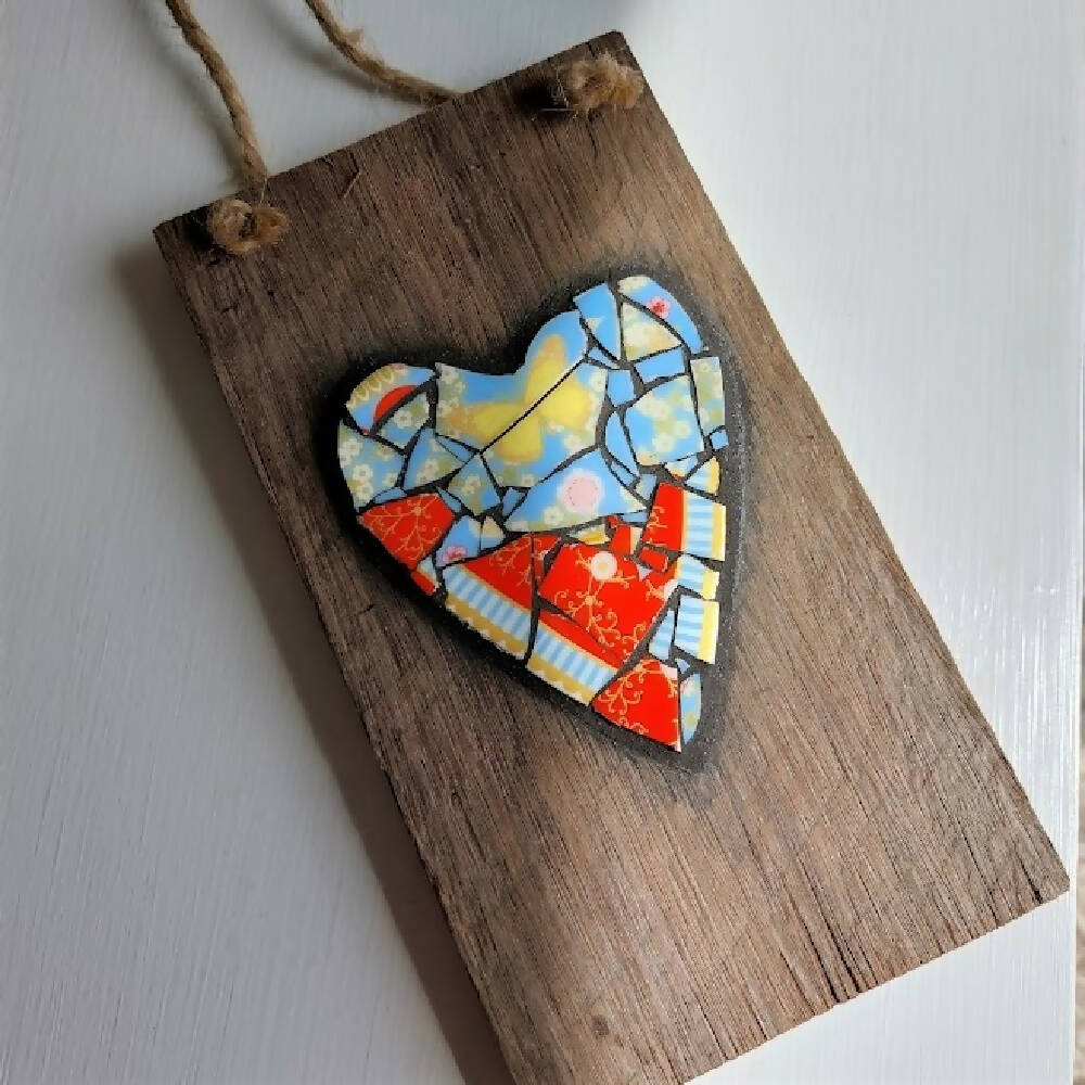Broken china mosaic heart wall hanging, red & yellow butterfly mosaic on timber