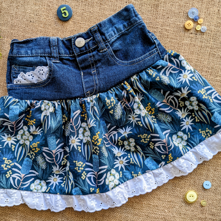 Upcycled Denim Size 4-5 skirt flannel flowers and Wattles