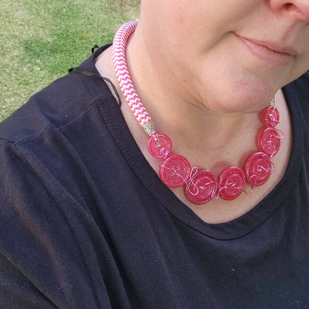Button Necklace - Cord - Pink Sparkle - A2B -  (2)