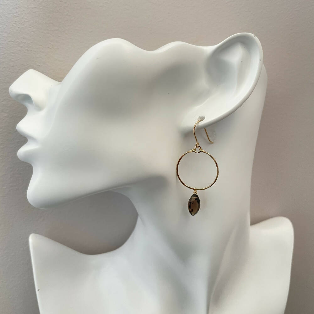 14K Gold filled smoky quartz gold hoop earrings