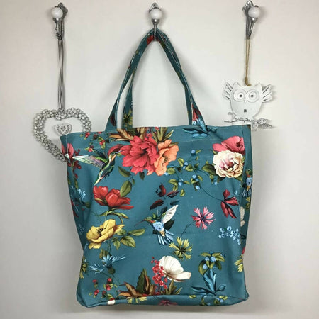 Teal Floral Bird Canvas tote bag - wide base