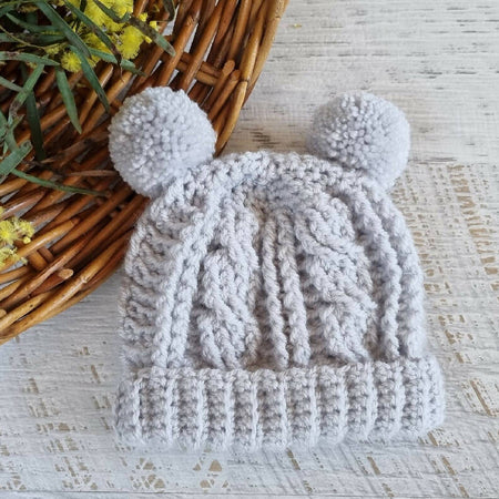 Baby Beanie Grey Newborn Crochet Knitted Cable Pompom Hat