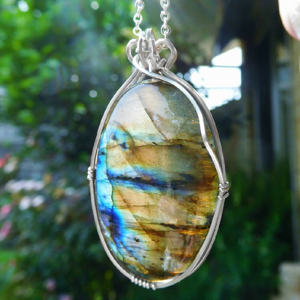 Large Labradorite pendant, unisex Sterling silver wire wrapped pendant