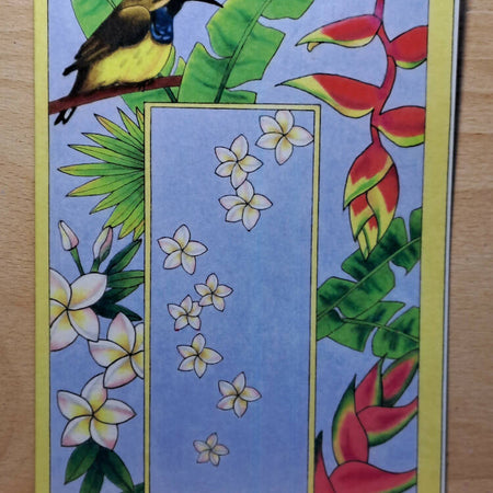 Sunbird and tropical flowers, blank greeting card