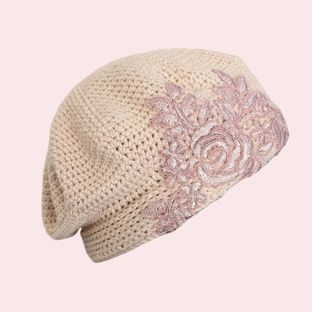 Beret, crochet wool beret with lace embellishment