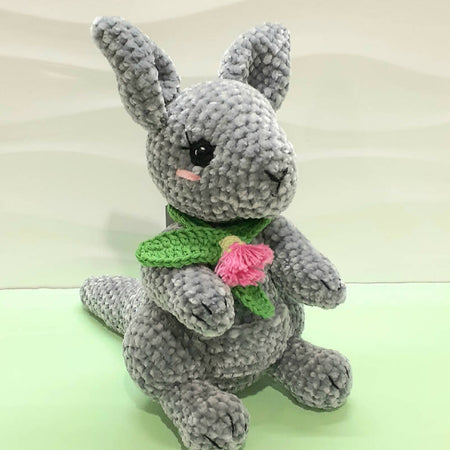 soft, grey, crocheted kangaroo