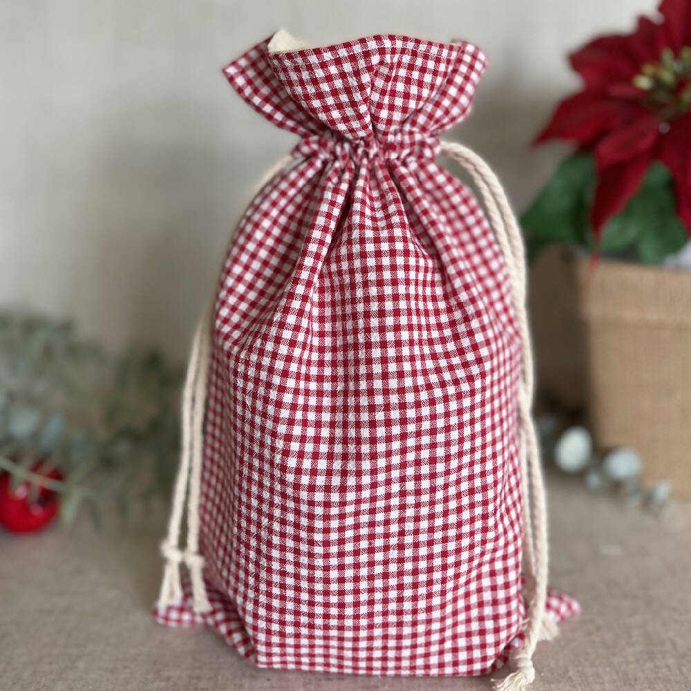 Christmas Reusable Fabric Gift Bag - Red and White Gingham