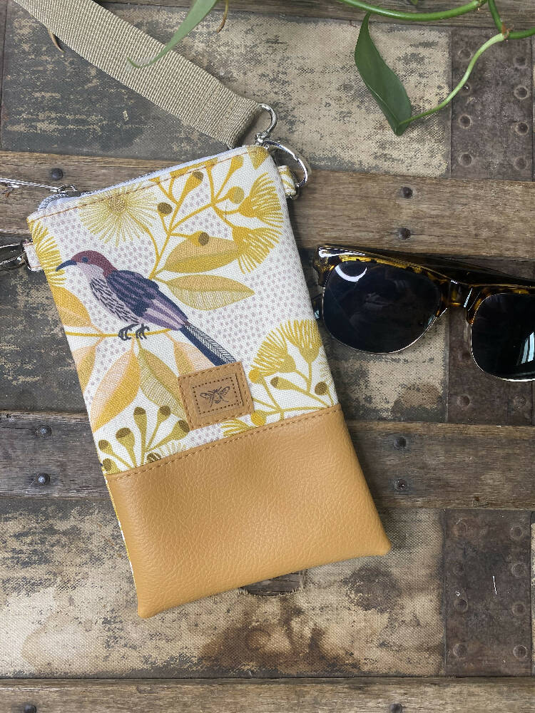 Mini & Small Crossbody Bag - Wattle Bird & Gum Blossom/Mustard Faux Leather
