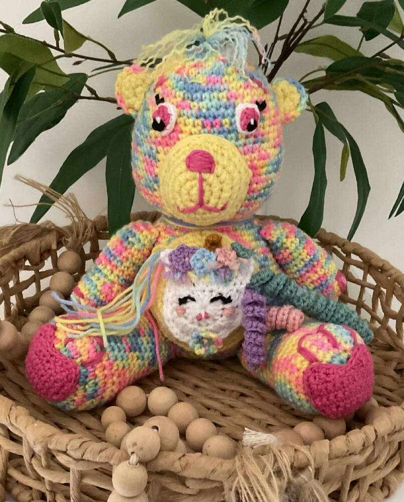 Handmade Crotchet Teddy Bear, Rainbow Teddy Bear