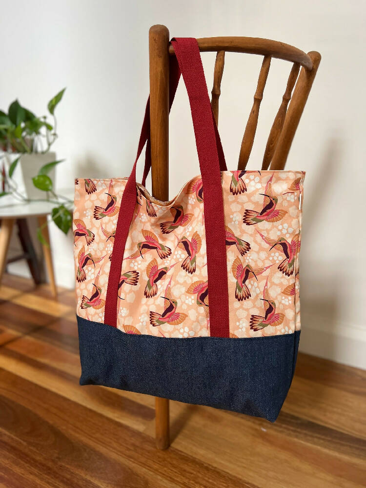 Tote Bag for Shopping/Market/Beach – Hummingbirds (Peach) + Denim