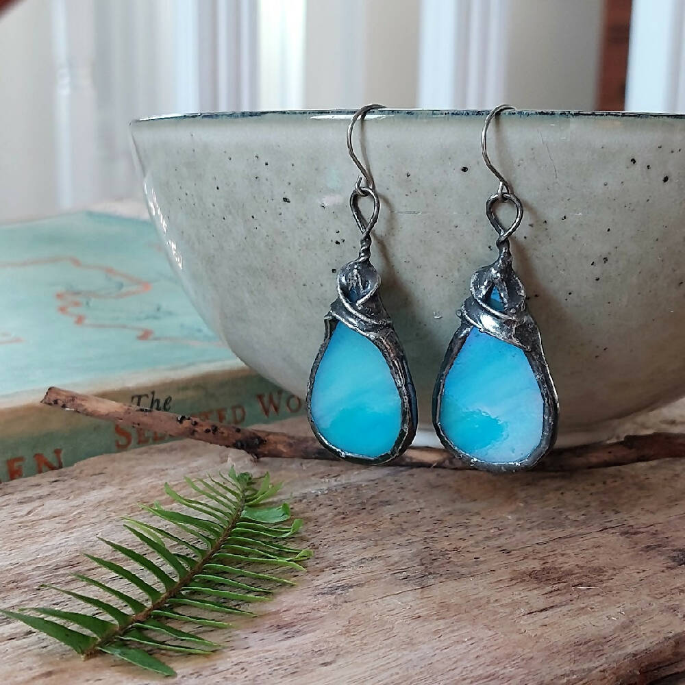 aqua stained glass soldered artisan earrings, raindrop earrings