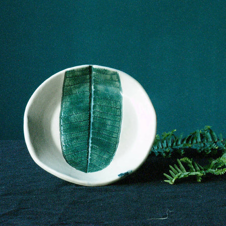Ceramic plate in frangipani leaf; trinket / snack dish