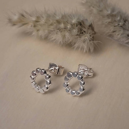 Beaded Circles Silver Stud Earrings 925