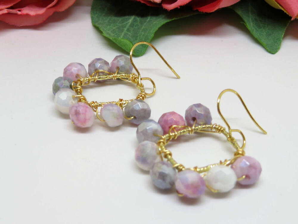 Pink Grey White Wire Wrapped Earrings