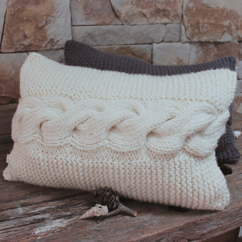 Knitted Ivory Pillow Cover. Fits standard Pillow. Cable Pillow.