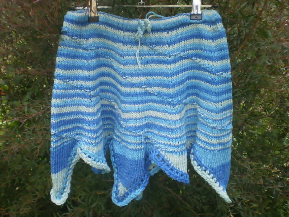 hand knit 100% cotton skirt in blues 25% off