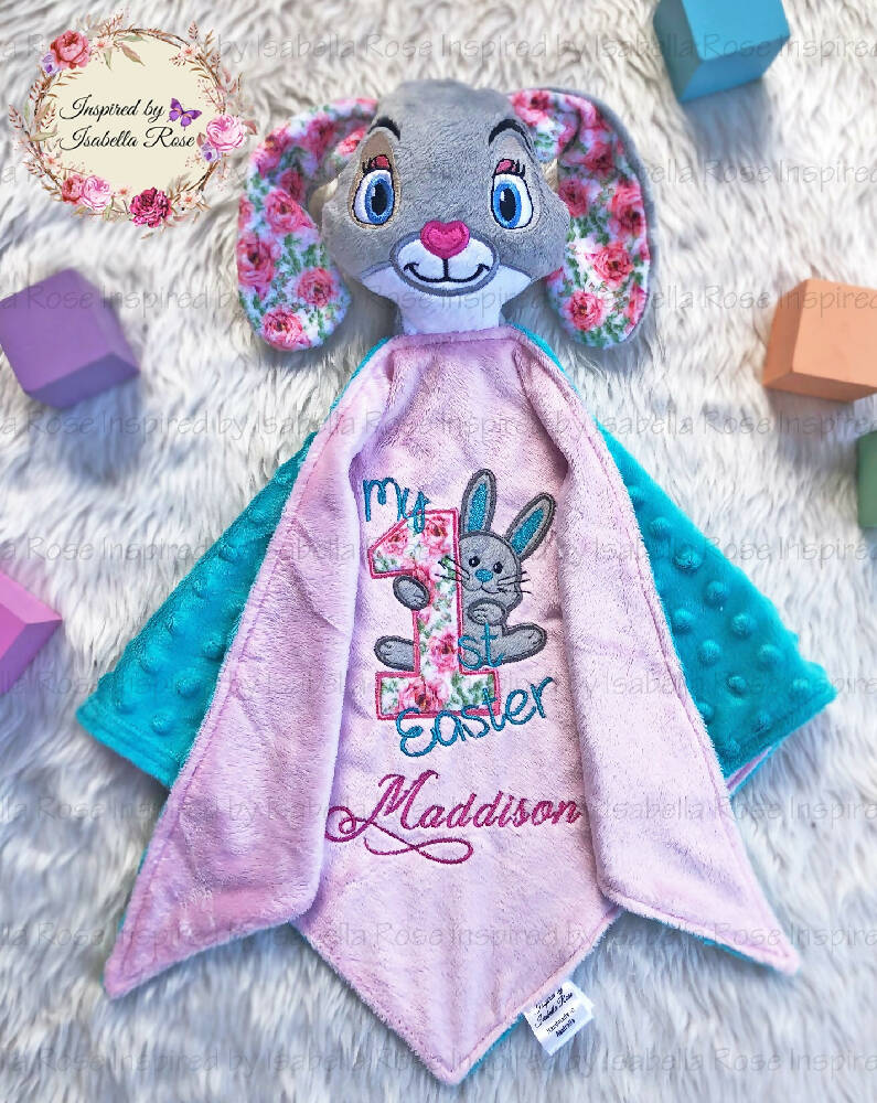 Baby comforter, Embroidered name, Bunny themed Ruggybud, Made to order