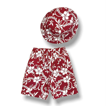 Red Hibiscus Print Cotton Shorts with Matching Brim Hat