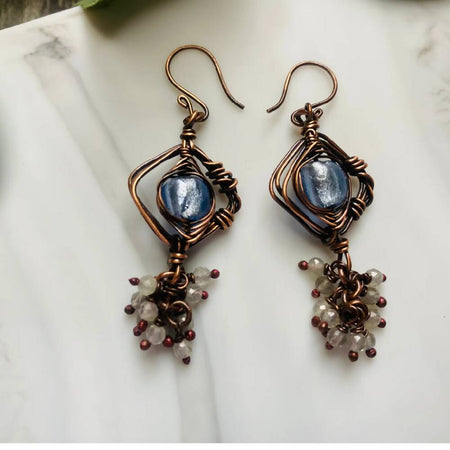 Blue Lampwork & Labradorite Gemstone Dangle Drop Earrings