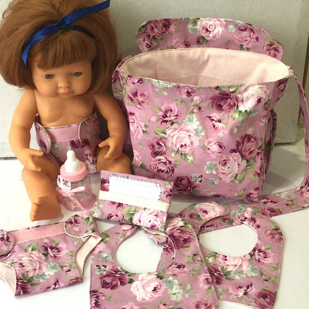 Nappy Bag and accessories for Baby Doll #3 dusty mauve floral