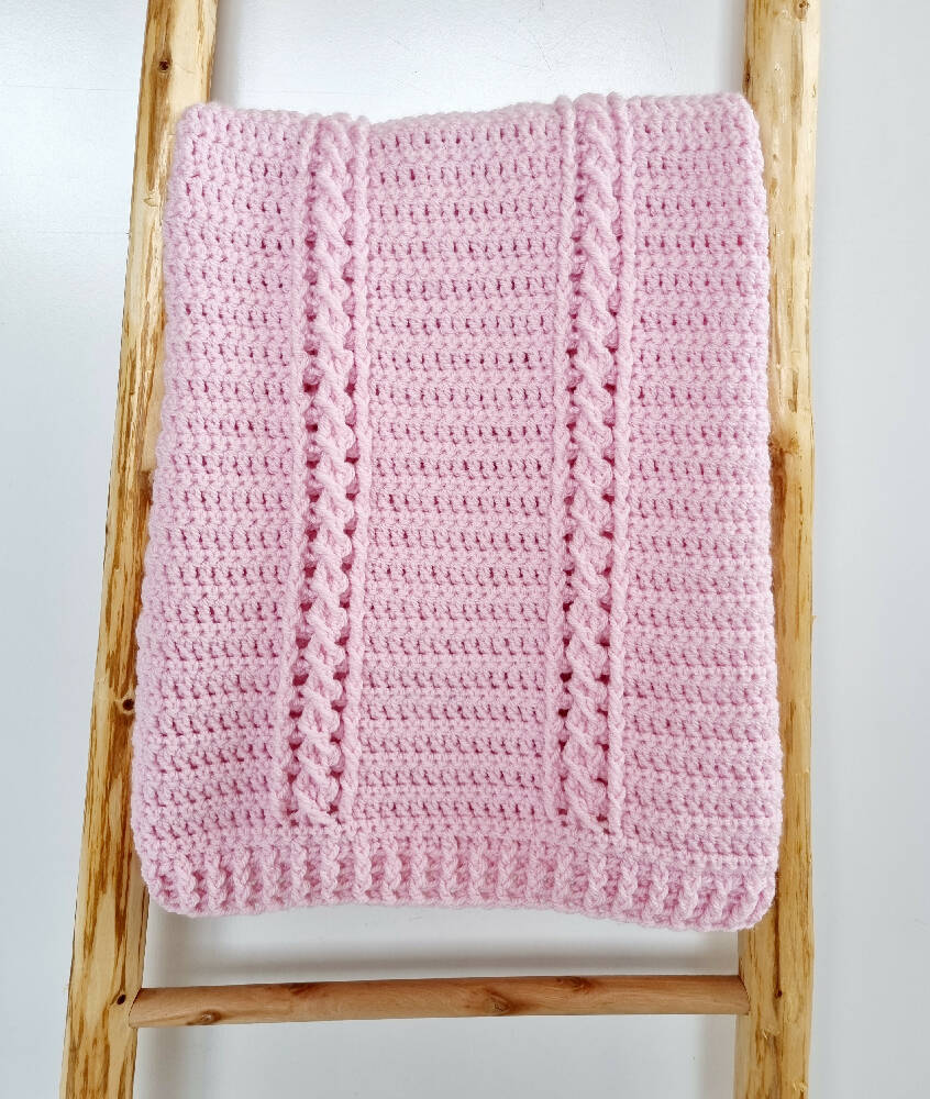Baby Blanket Afghan Handmade Crochet Chunky Baby Pink Cabled Newborn