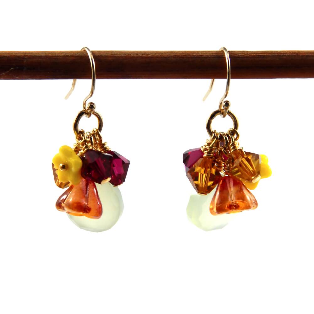 Green Chalcedony Dangle Earrings, Amber and Ruby Accents