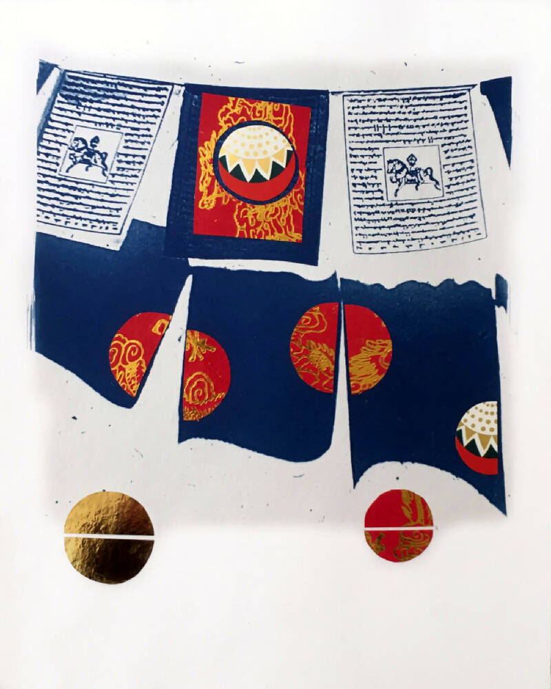 Prayer Flags, Original Cyanotype, Buddhist Art Print, Collage, Mixed Media