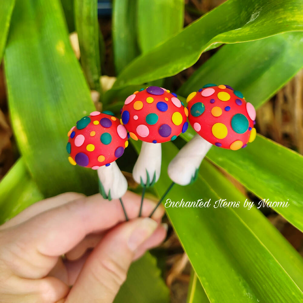 Set of 3 Rainbow spotted Fairy garden Mushrooms