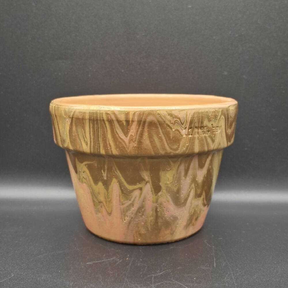 Hand Painted Terracotta Pot 11cm Peachy Golden Acrylic Pour