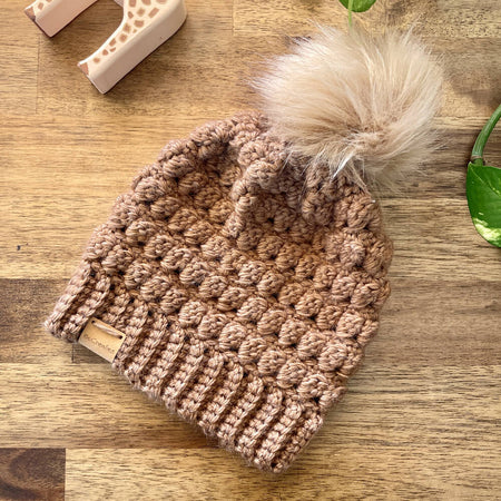 Toddler Beanie with Faux Fur Pom Pom - Copper Brown