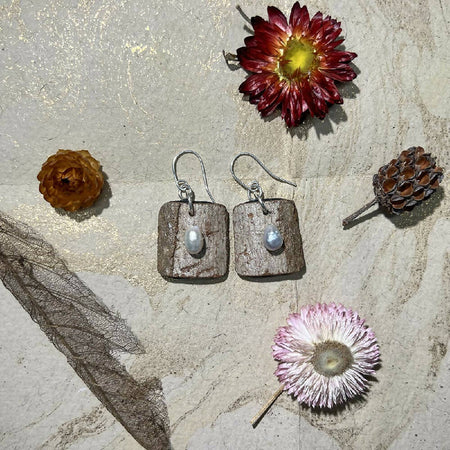 Sterling silver, bark & freshwater pearls earrings
