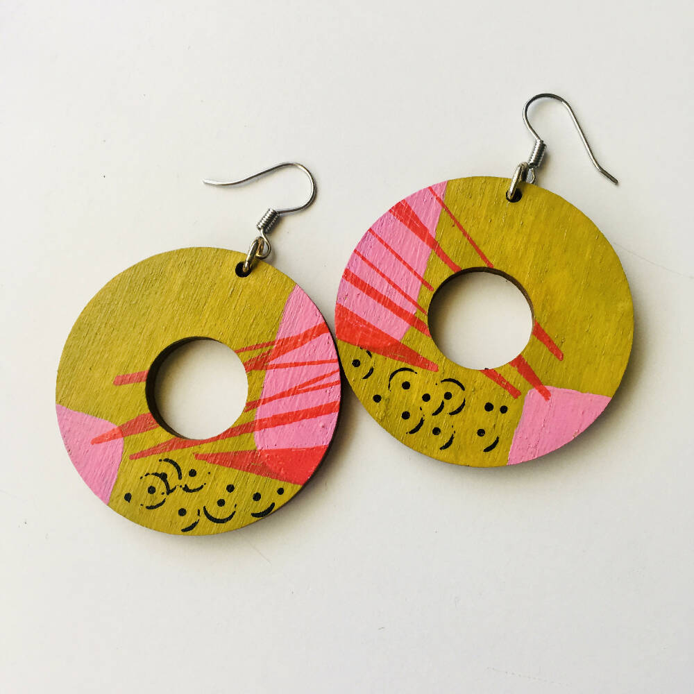 Hand painted chartreuse yellow and pink geometric wooden earrings
