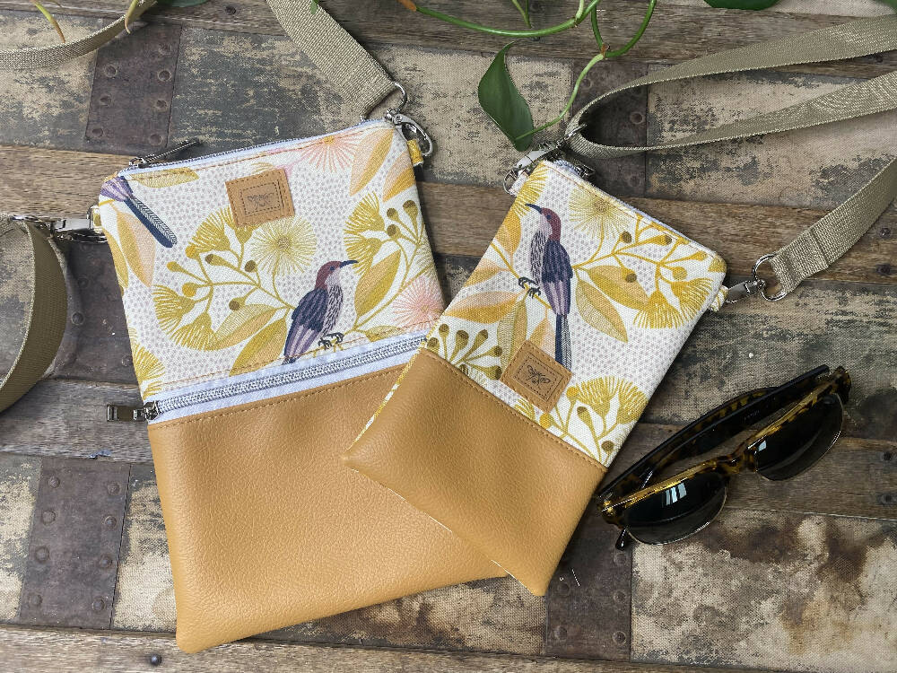 Mini & Small Crossbody Bag - Wattle Bird & Gum Blossom/Mustard Faux Leather