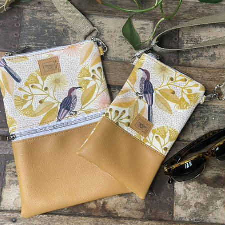 Mini Crossbody Bag - Wattle Bird & Gum Blossom/Mustard Faux Leather