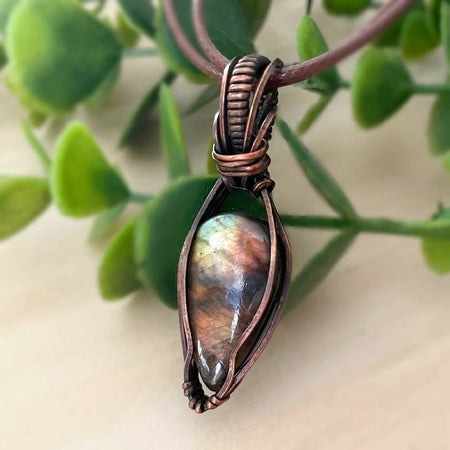 48x16mm Wire-Wrapped Multicolour Labradorite Pendant