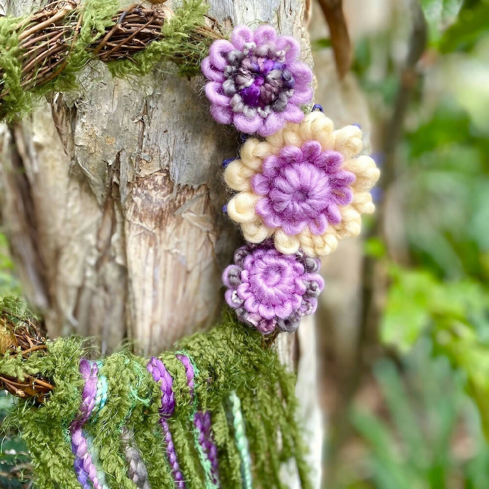 Wreath Grapevine Purple Yarn Flowers