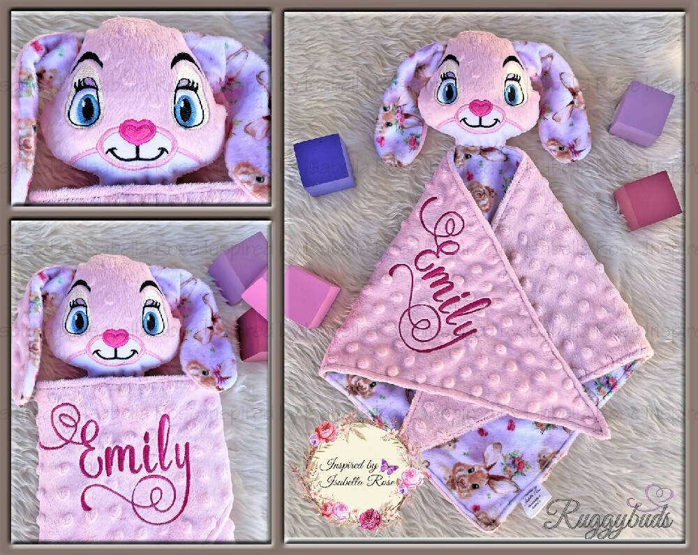 Baby comforter, Embroidered name, Bunny themed Ruggybud, Made to order