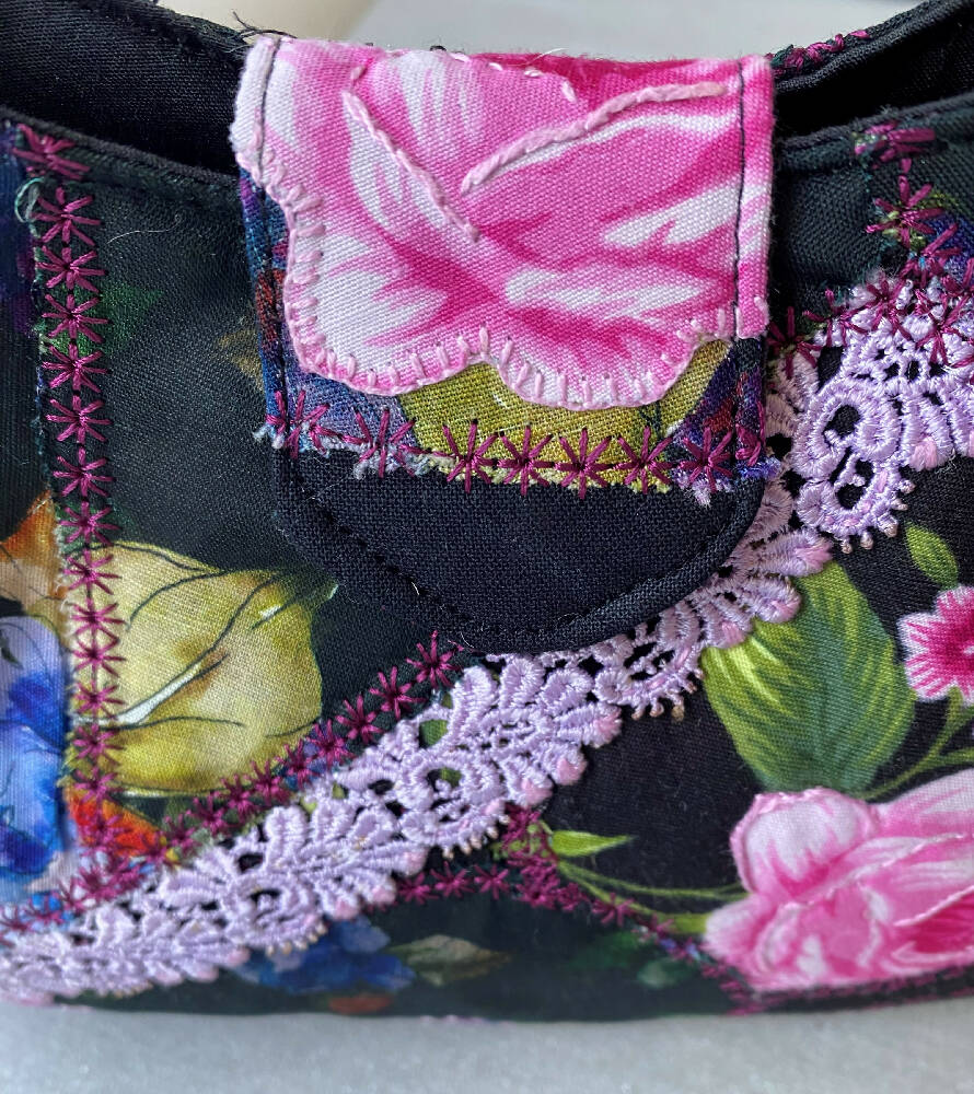 Creative Patchwork Evening bag, black, Pink Roses,