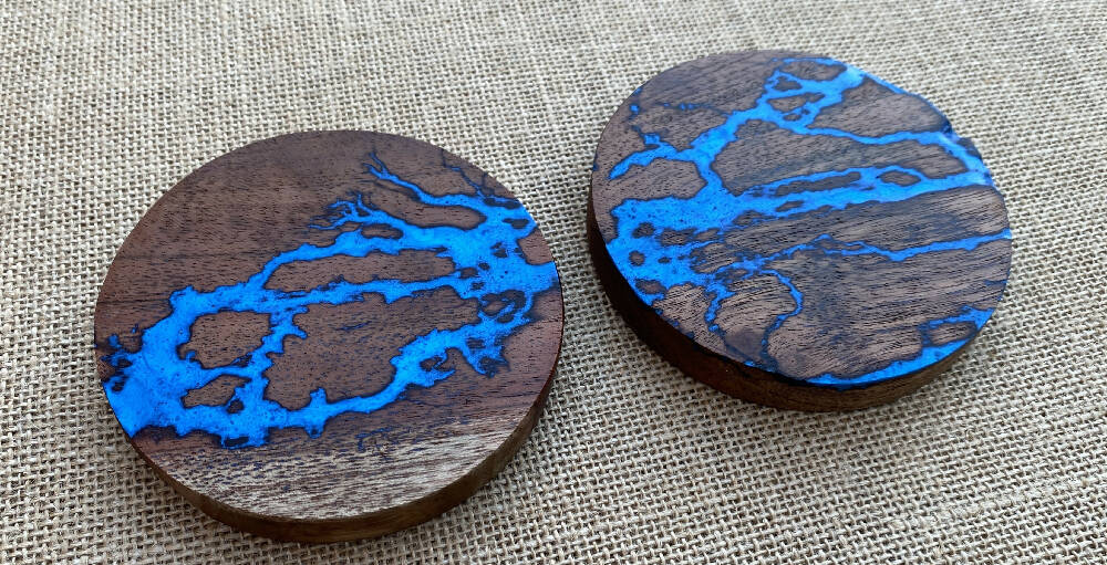 Set of two Lichtenberg Fractal Burned wooden coasters