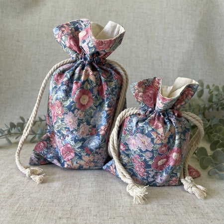 Reusable Fabric Gift Bag - Blue & Pink Floral