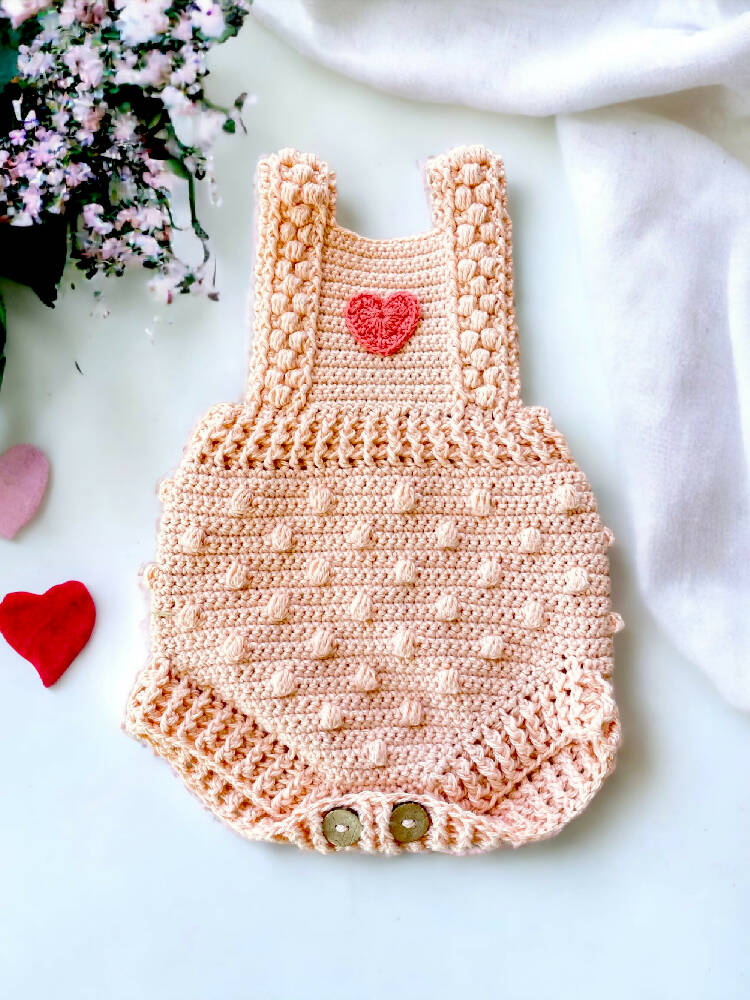 Crochet Cotton Bobble Baby Romper, Size 0-6 months. Soft Peach