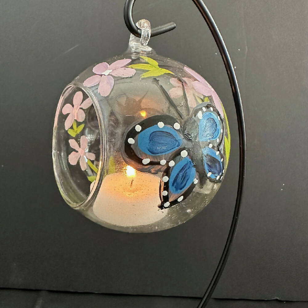 Glass candle Holder, Painted With Blue Butterflies, Tea Light Holder