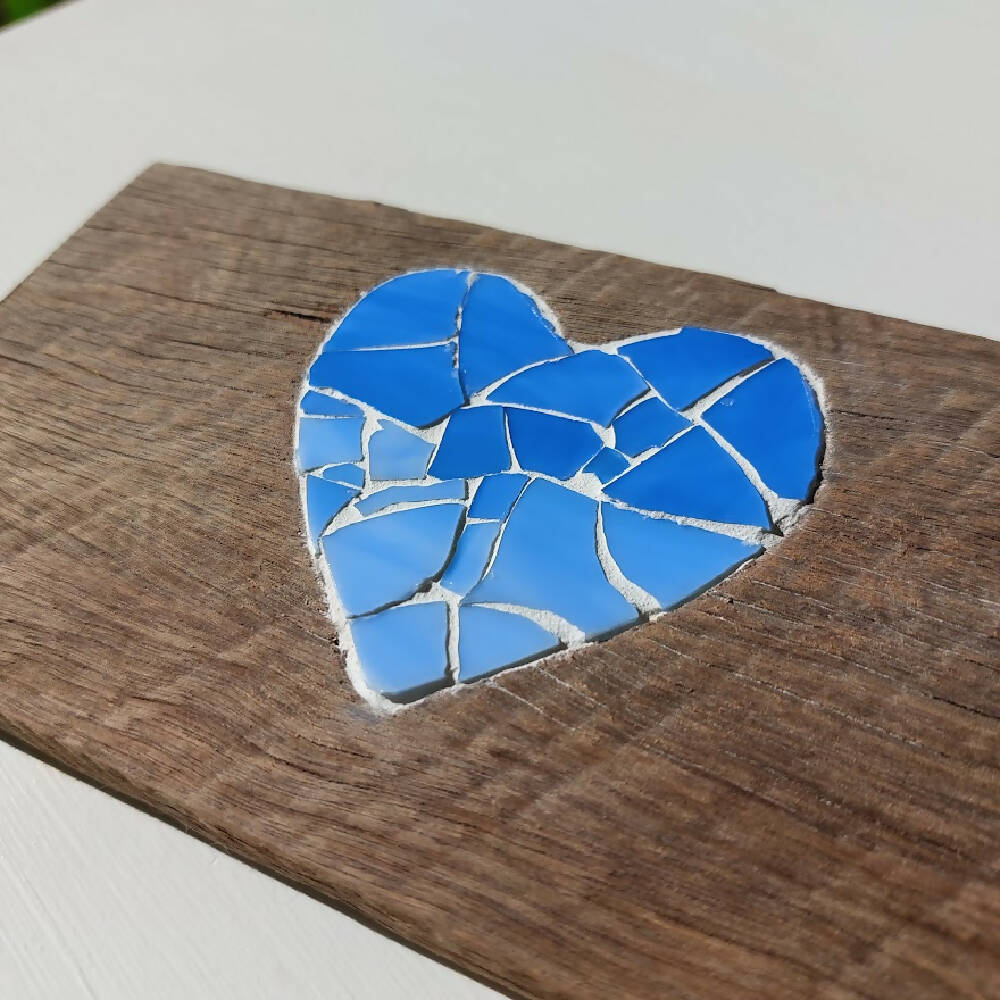 Blue heart mosaic, stained glass mosaic wall hanging on wood