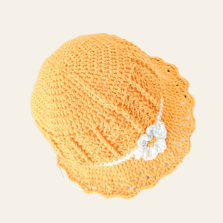 Toddler yellow cotton sunhat, crochet brim hat with flower